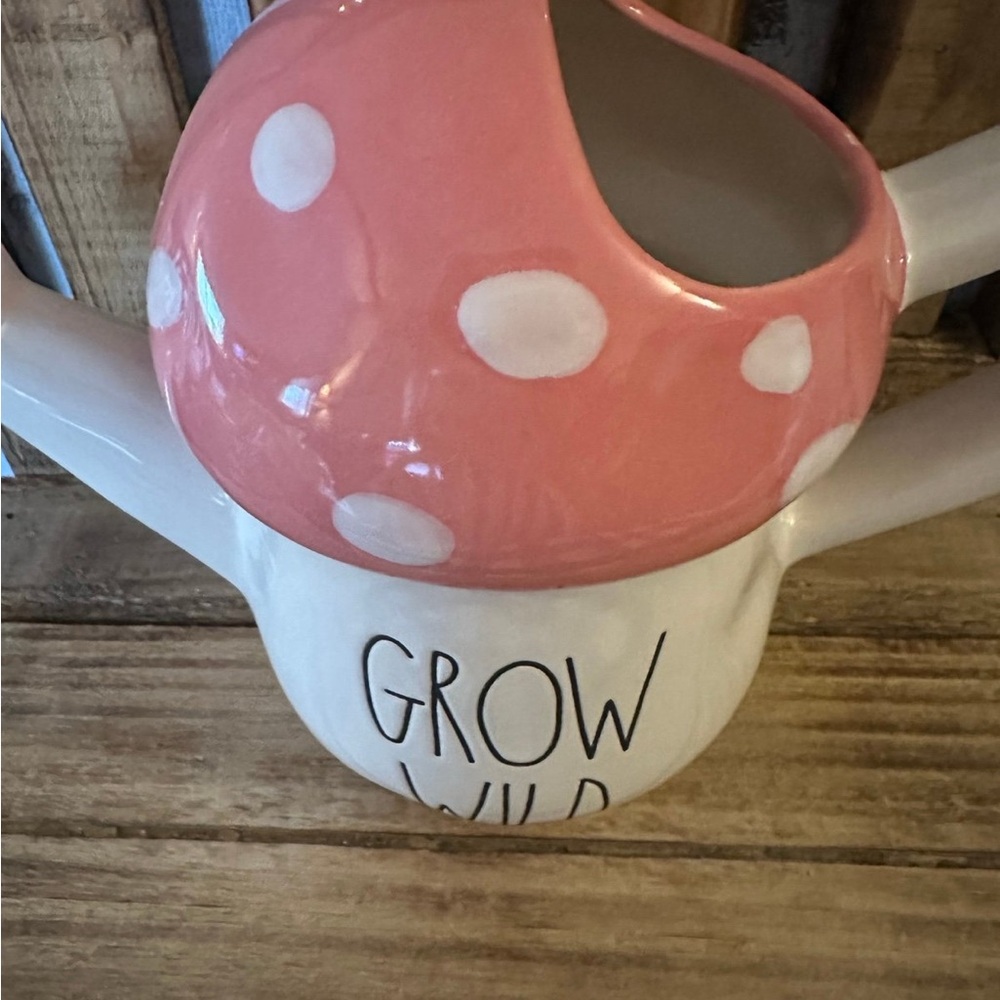 Rae Dunn “Grow Wild” Pink Mushroom Ceramic Watering Can Planter Spring Decor - Picture 2 of 5
